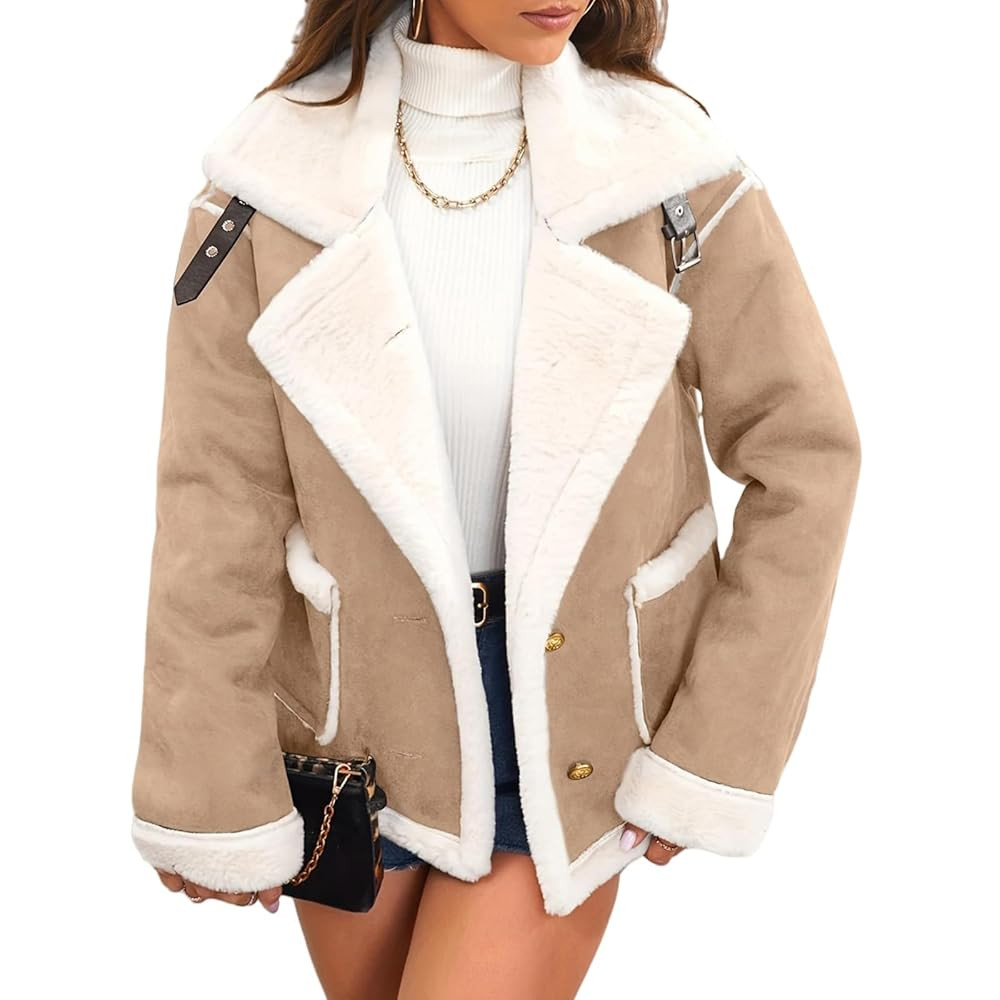 Womens Faux Suede Jacket Sherpa Lined Fur Leather 2025 Winter Warm Shearling Sherpa-Lined Fuzzy F... | Amazon (US)