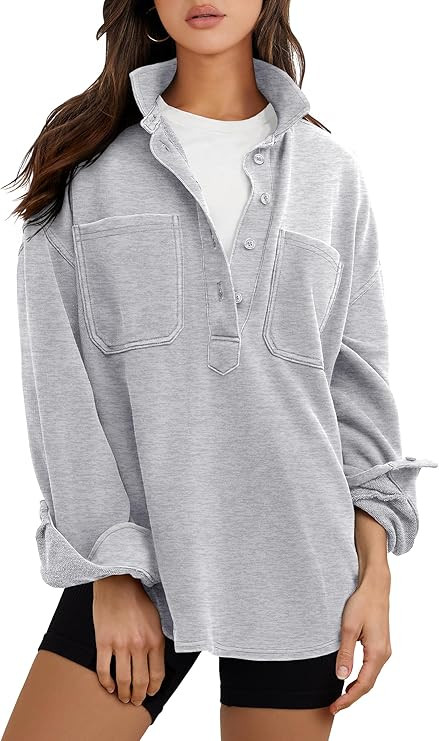 ANRABESS Sweatshirt for Women Oversized Casual Long Sleeve Side Slit Button Lapel Polo Pullover T... | Amazon (US)