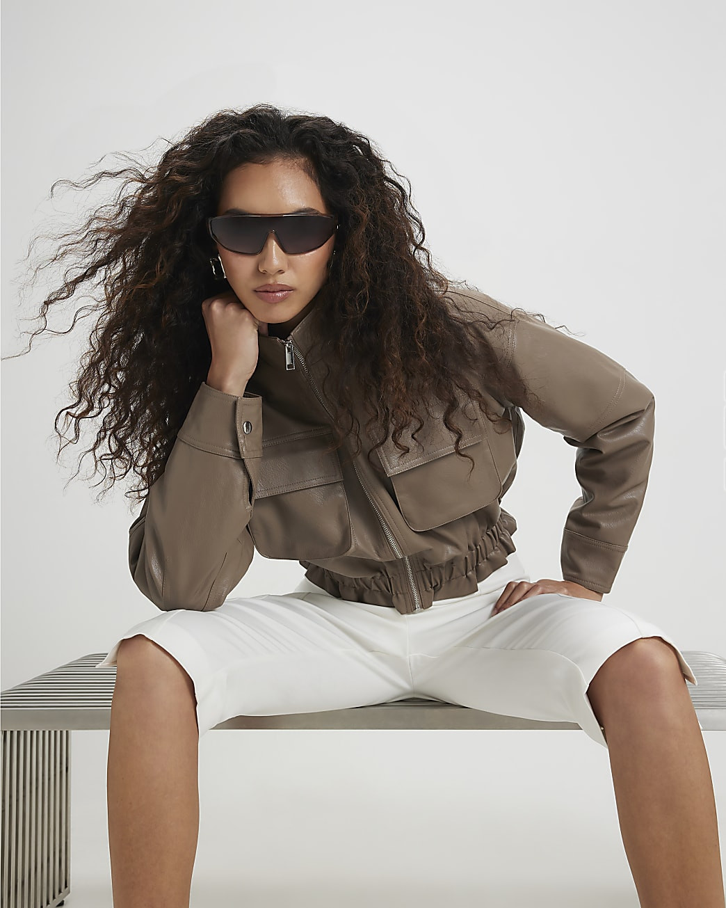 Beige Funnel Neck Faux Leather Jacket | River Island UK & IE