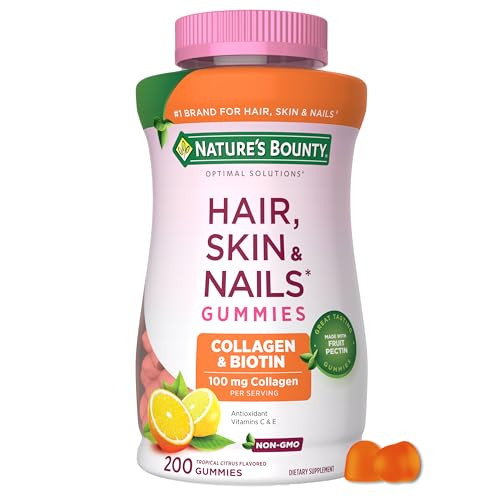 Nature's Bounty Optimal Solutions Hair, Skin and Nails Collagen Pectin Gummies, 100 mg Collagen and 2,500 mcg Biotin Per Serving, No Stick Gummy, Tropical Citrus Flavor, 200 ct, 100 Total Servings | Amazon (US)
