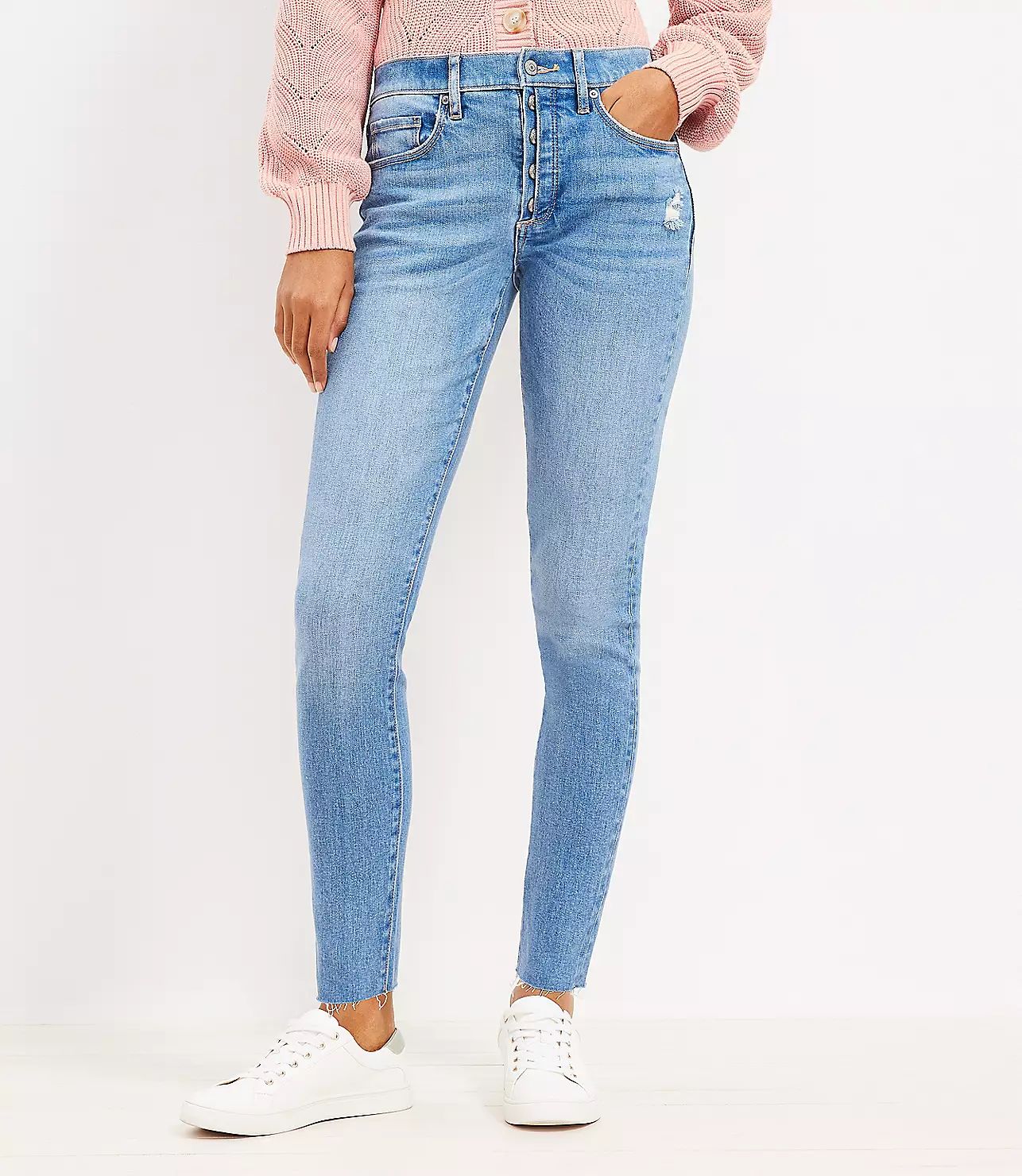 Button Front High Rise Skinny Jeans in Destructed Mid Wash | LOFT