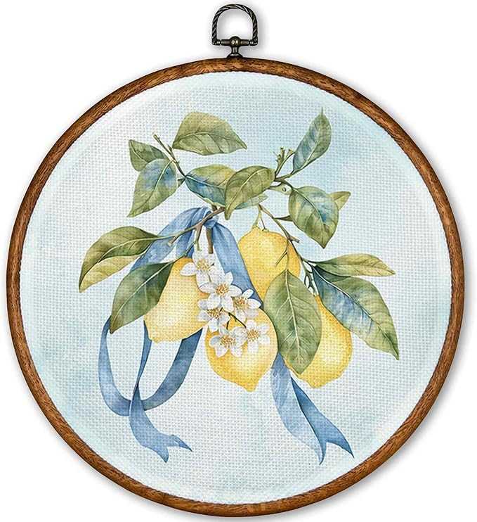 TLESKE Chinoiserie Lemon Round Wall Art Decor Framed 10x10, Vintage Blue Canvas Wall Art Prints A... | Amazon (US)