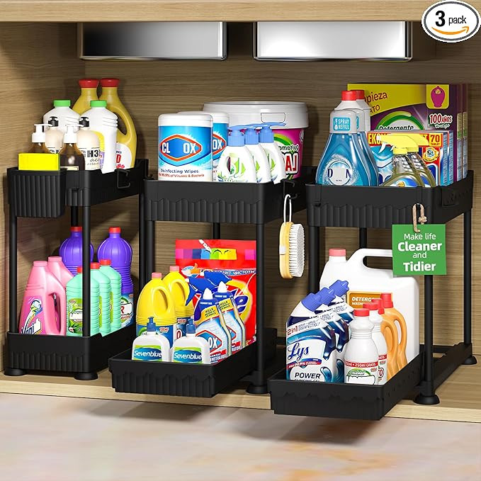 3 Pack Under Sink Organizers, 2-Tier Multi-Use Kitchen and Bathroom Organizers and Storage with S... | Amazon (US)