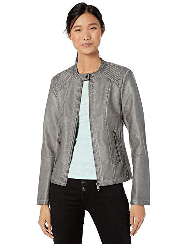 Sebby Collection Women's Faux Leather Jacket with Moto Details and Front Zip Pockets, Light Grey, 1X | Amazon (US)