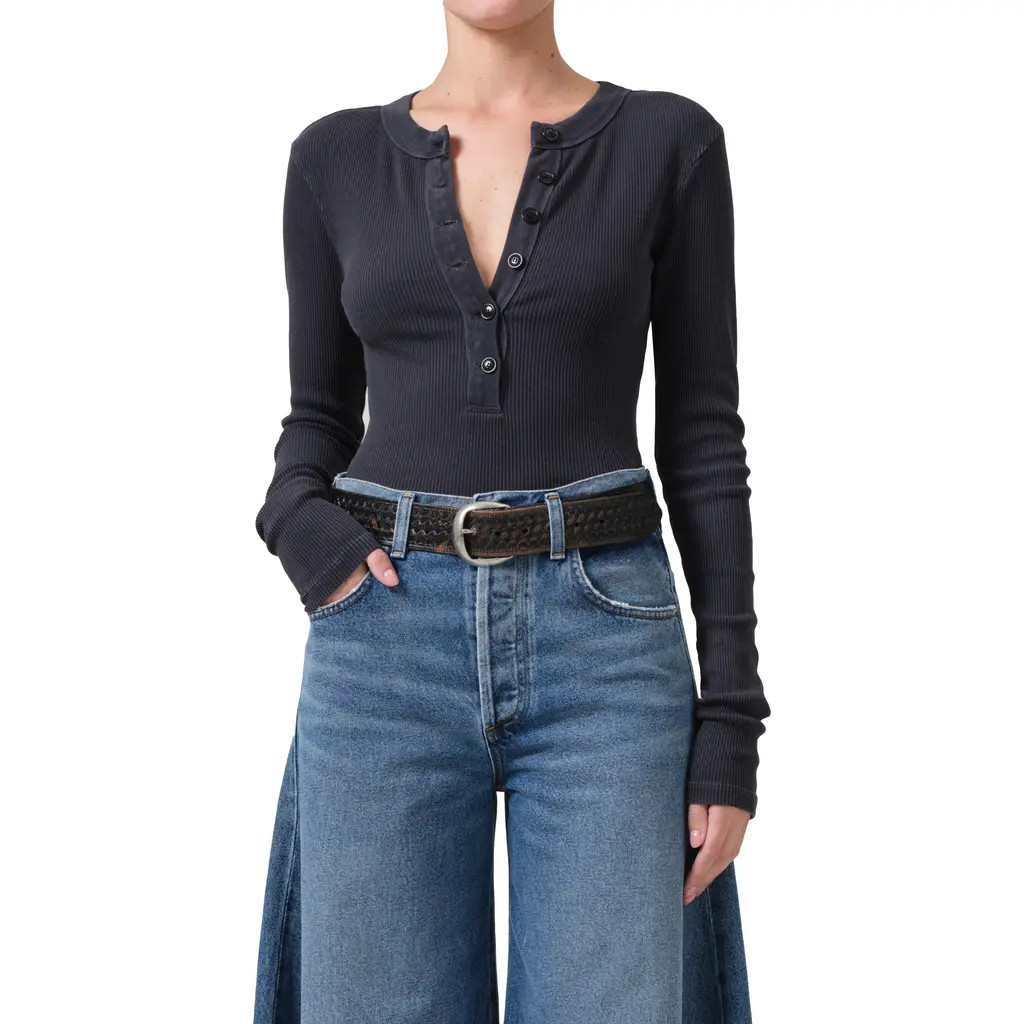 Citizens of Humanity Varra Long Sleeve Henley in Charcoal Mineral at Nordstrom, Size Small | Nordstrom