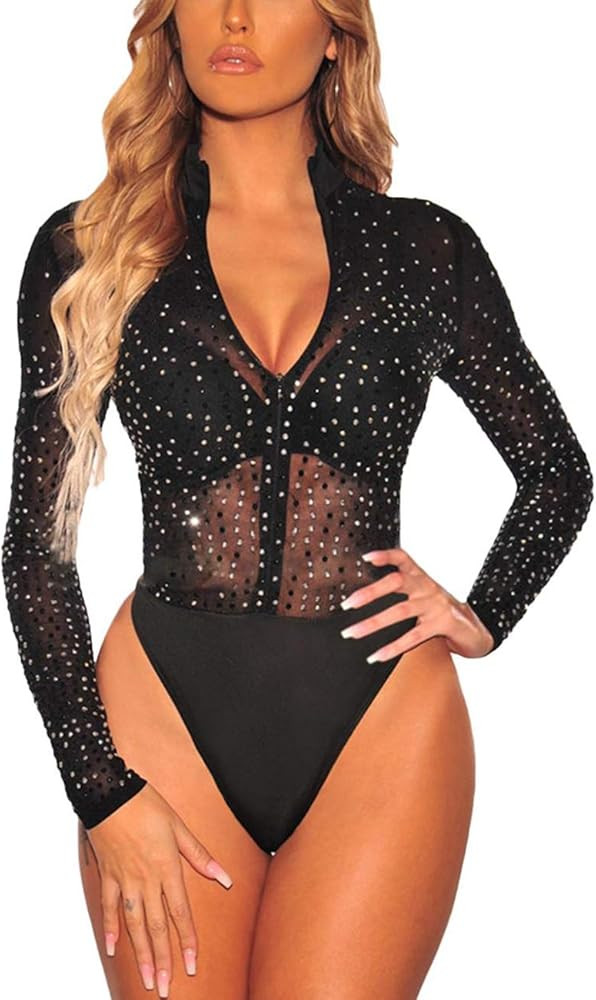 SEBOWEL Women Long Sleeves Mesh See Through Jumpsuit Bodysuit Top Leotard | Amazon (US)