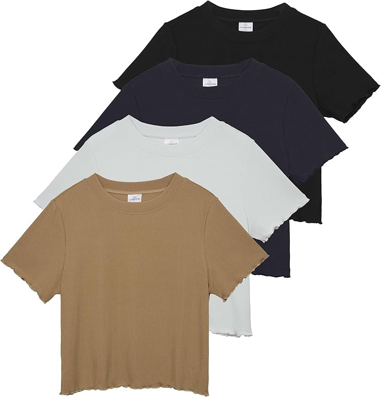 Real Essentials 4 Pack:Women's Lettuce Trim Ribbed Knit Short Sleeve Crop Tops Shirts Casual Summ... | Amazon (US)