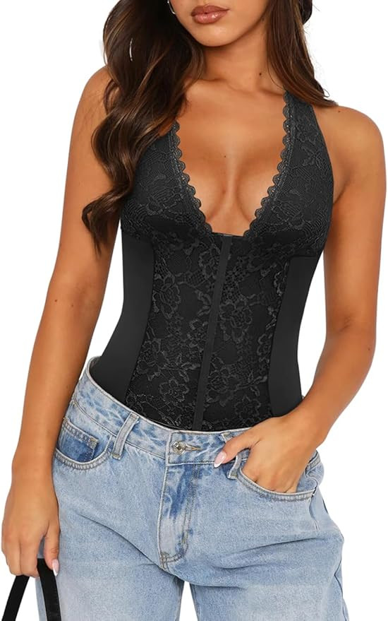 Summer Sexy Floral Lace Halter Deep V Neck Sleeveless Backless Trendy Going Out Corset Body Suits | Amazon (US)