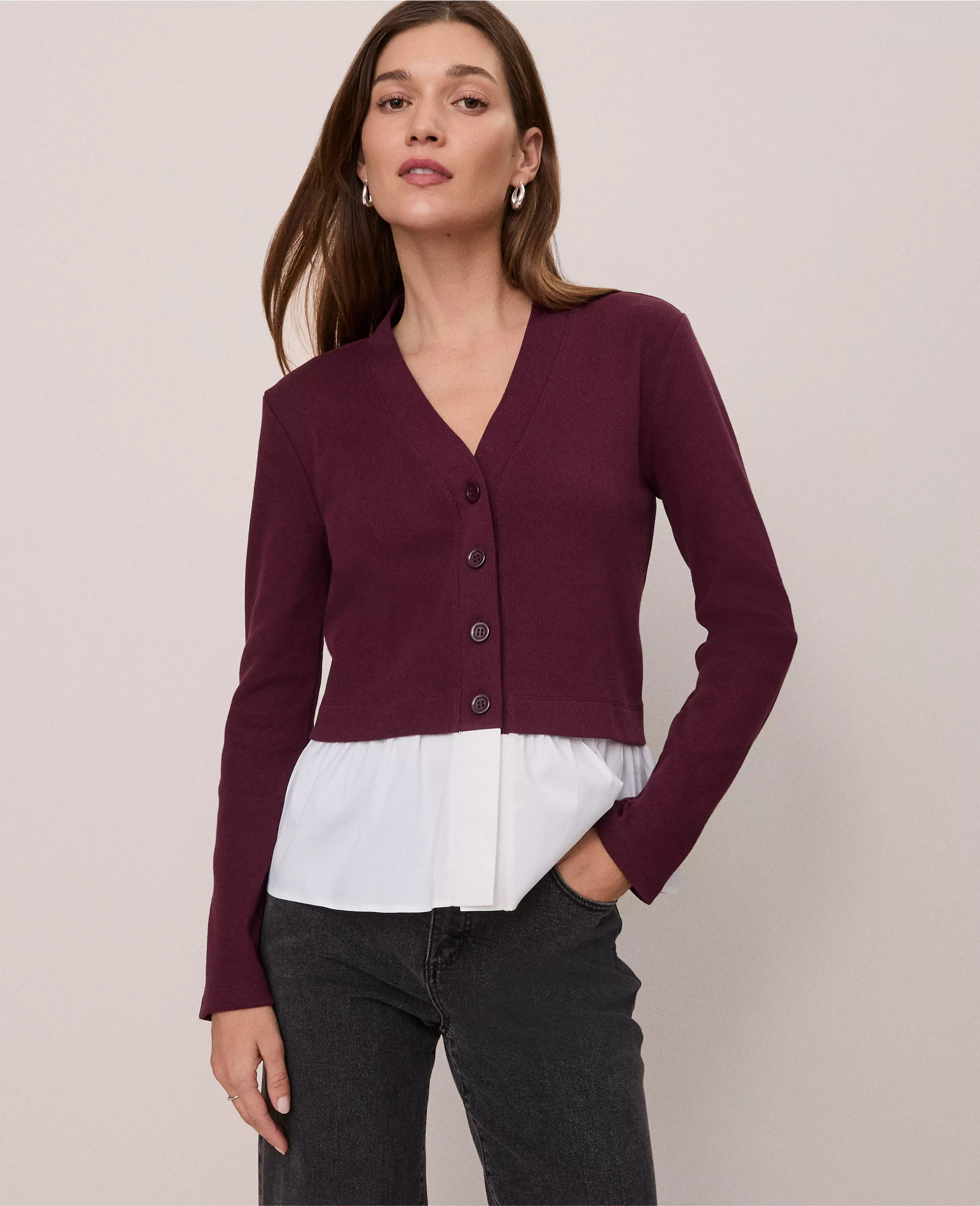 Weekend Collection Mixed Media Peplum Cardigan | Ann Taylor
