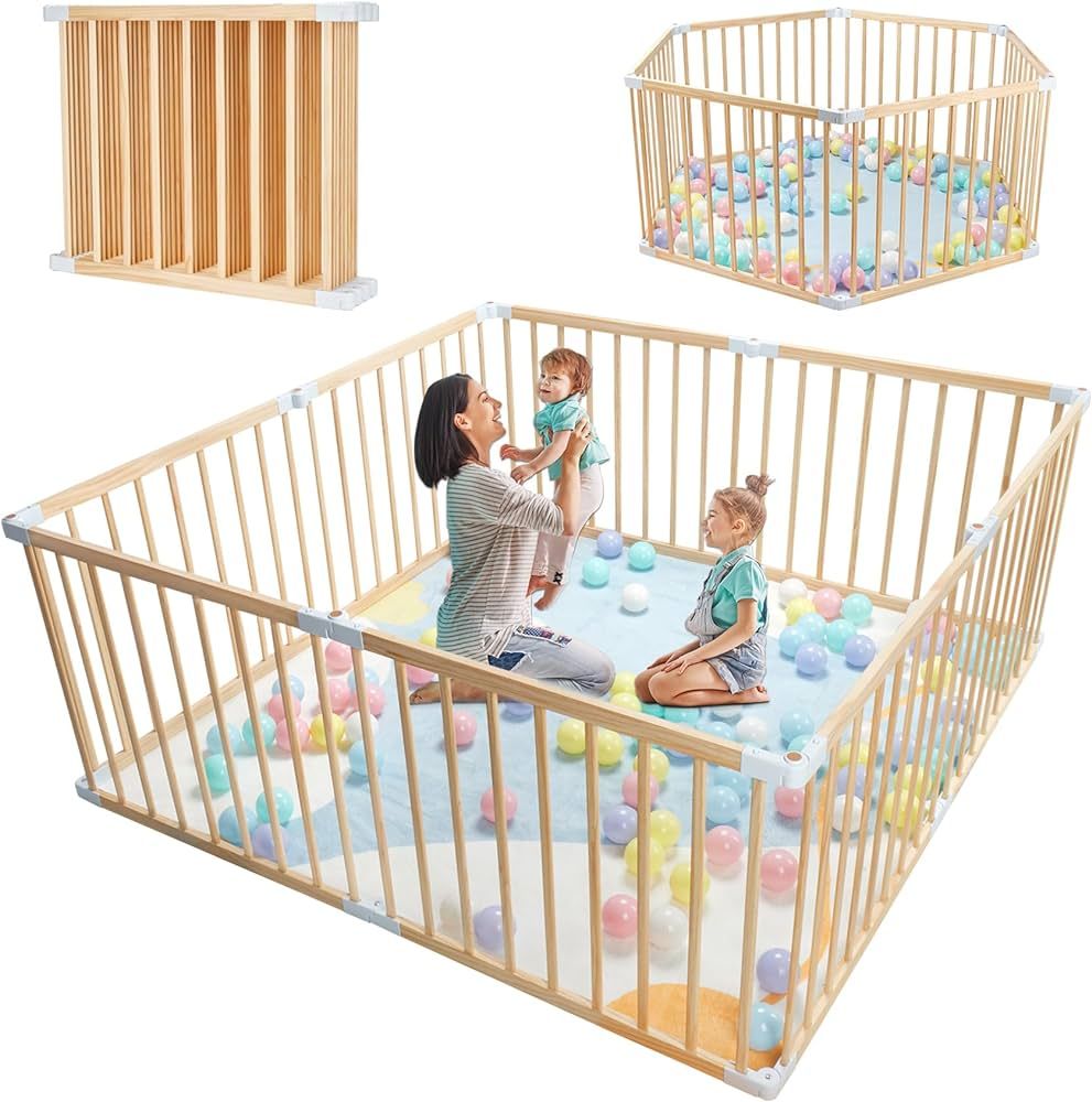 Foldable Baby Playpen for Toddlers, Expandable Wooden Play Fence, Large Wood Playpen Safety Playa... | Amazon (US)