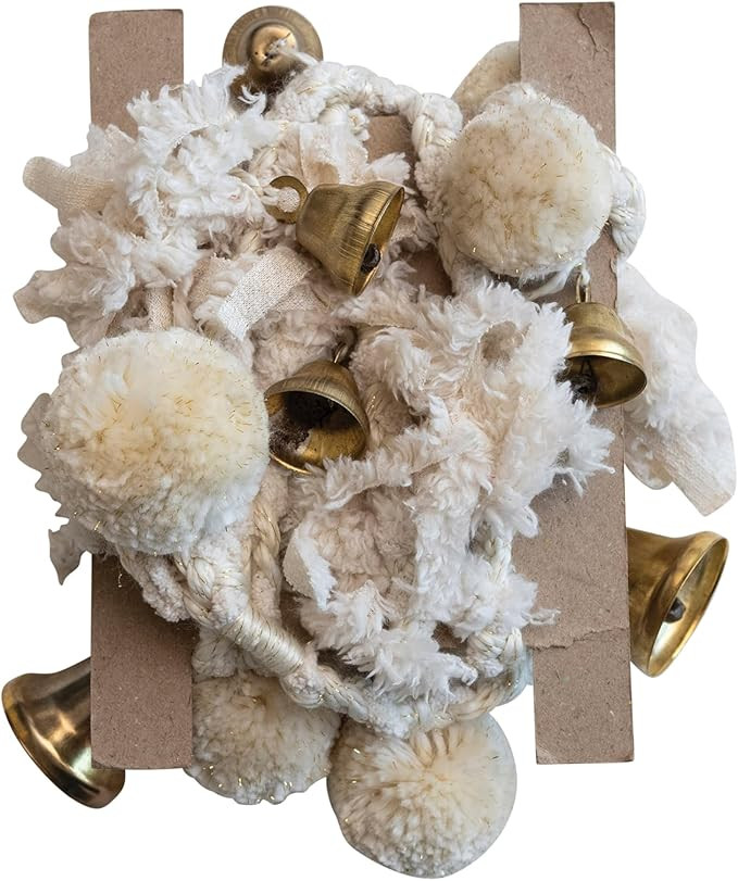 Creative Co-Op Handmade Wool and Cotton Blend Pom Pom and Bell Garland, Natural and Brass Finish | Amazon (US)