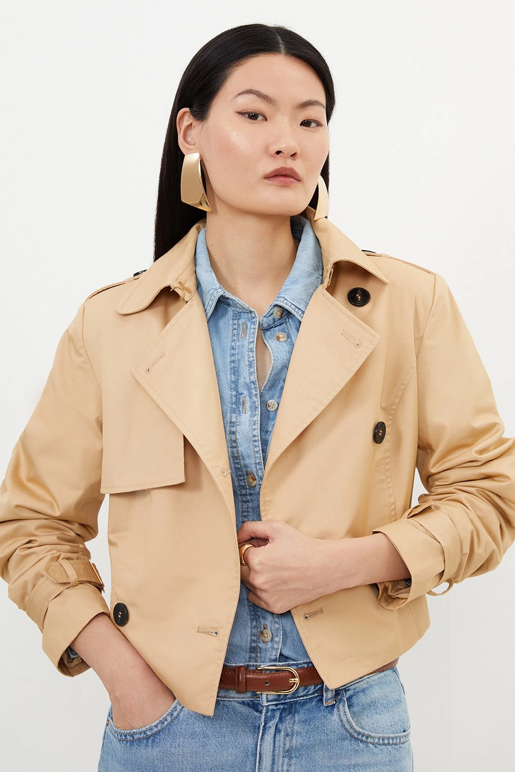 Crop Classic Belted Tailored Trench Coat | Karen Millen US