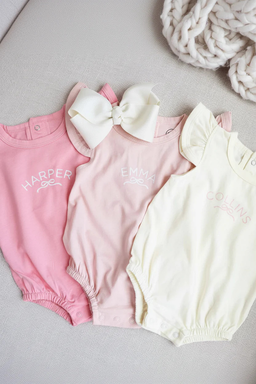 Personalized Ruffle Sleeve Bubble Romper | Pretty in Pink | Caden Lane