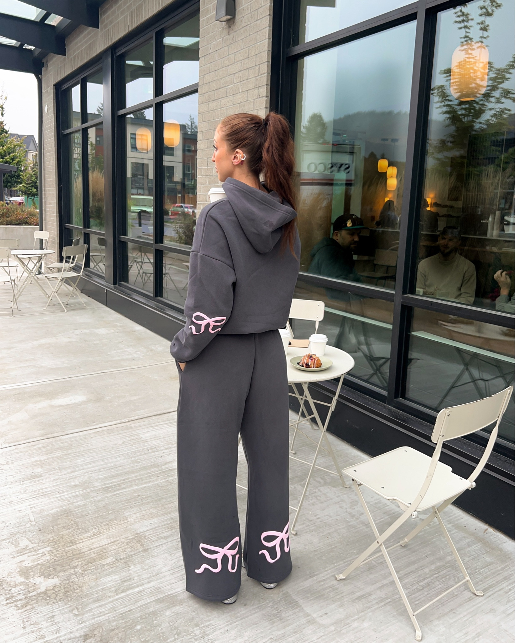 Bow detail outfit gray sweatsuit with bows, gray hoodie, gray wide leg sweatpants edikted