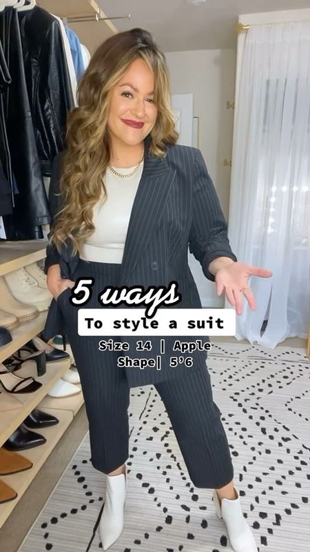@express suit styled 5 ways on this size 14 midsize body. 
•Blazer xl has stretch
•Cropped pinstripe work pants size 14 short ( I am 5’6” for reference)
•cream leather bodysuit large. Very fitted but size up one this is snug 
•all sweaters and tops are an xl 
•faux leather shorts are an xl for loose fit 

Business casual, workwear, office wear, curvy girl, midsize fashion 

#LTKworkwear #LTKstyletip #LTKcurves