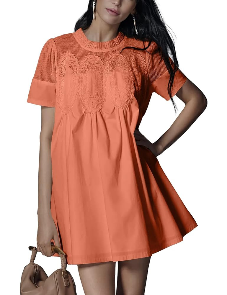 Shiyifa Womens Babydoll Lace Patchwork Dresses Summer Short Sleeve Ruffle Sundress Loose Crew Nec... | Amazon (US)