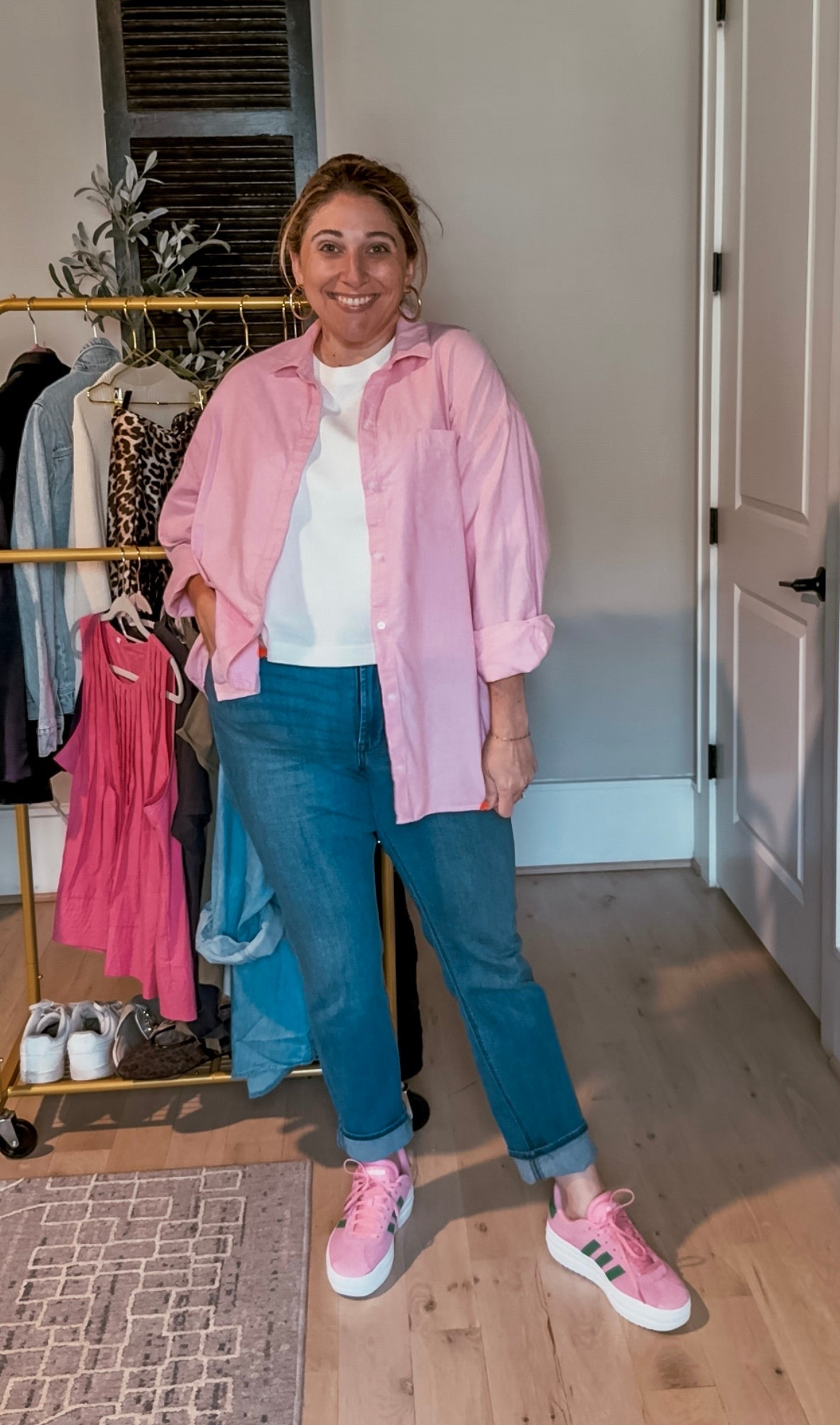 Day 3 of my “teacher wardrobe must haves” series! Casual teacher Friday with a pop of school colors somewhere was always my go to Friday teacher outfit! (For the sake of this series, I’m pretending pink is the school color) 
Tee L / Button down L / Jeans 14 / Sneakers tts 

#LTKShoeCrush #LTKWorkwear #LTKMidsize