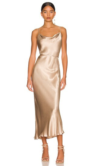 La Lune Bias Cowl Midi Dress in Gold | Revolve Clothing (Global)