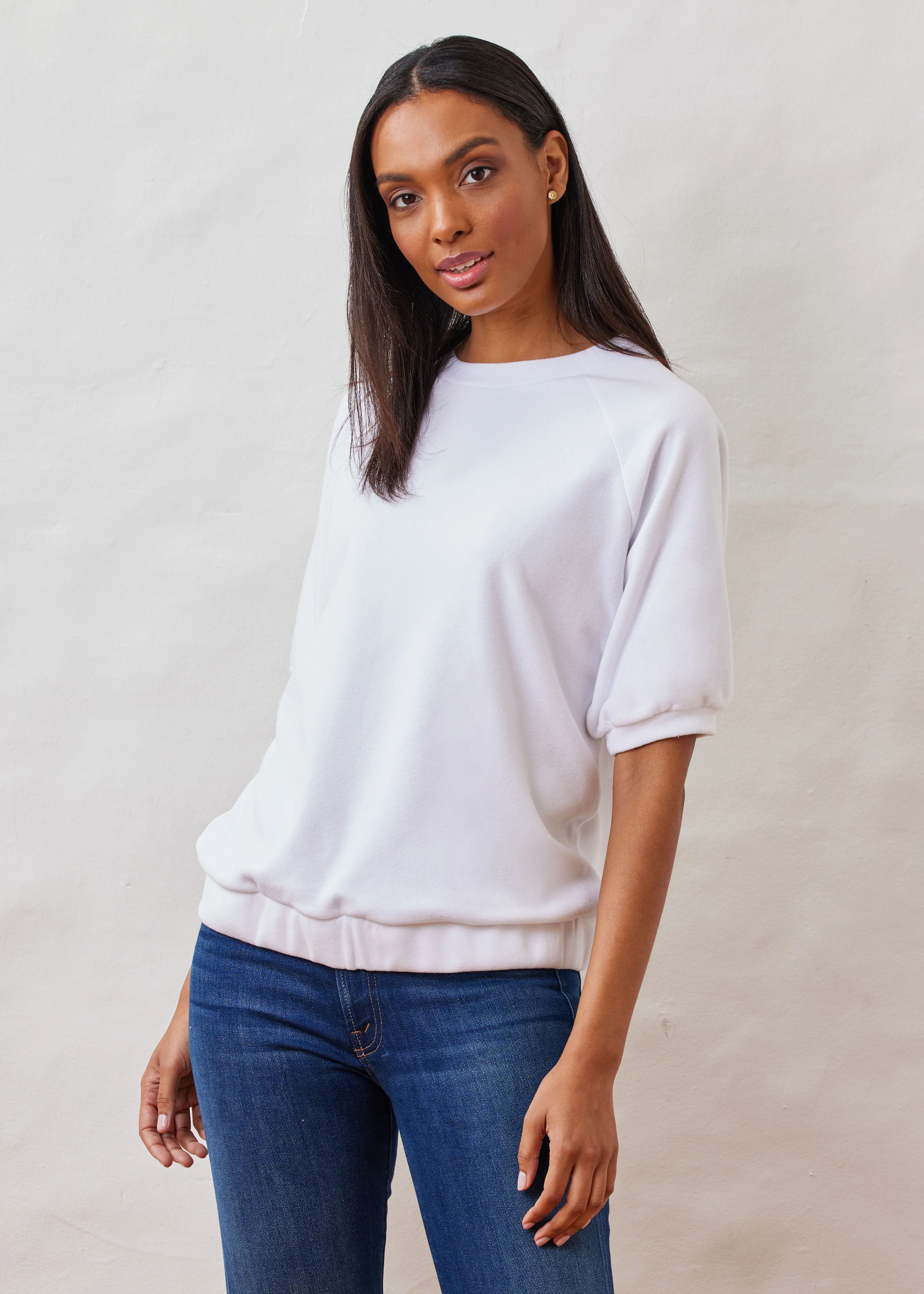 Perkins Puff Sleeve Top in Terry Fleece (White) | Dudley Stephens