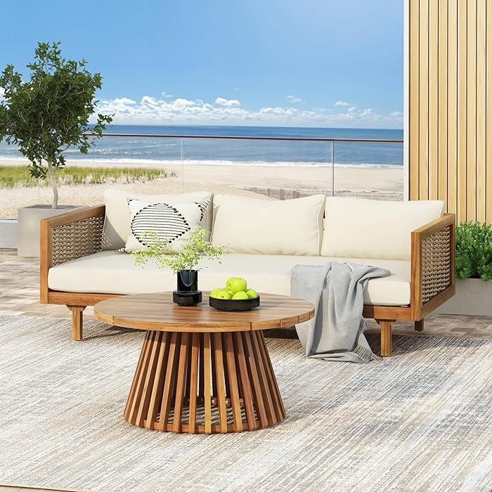 Merax Outdoor Acacia Wood Conversation Set - Patio 3-Seat Loveseat Sofa w/Coushion and Round Coff... | Amazon (US)