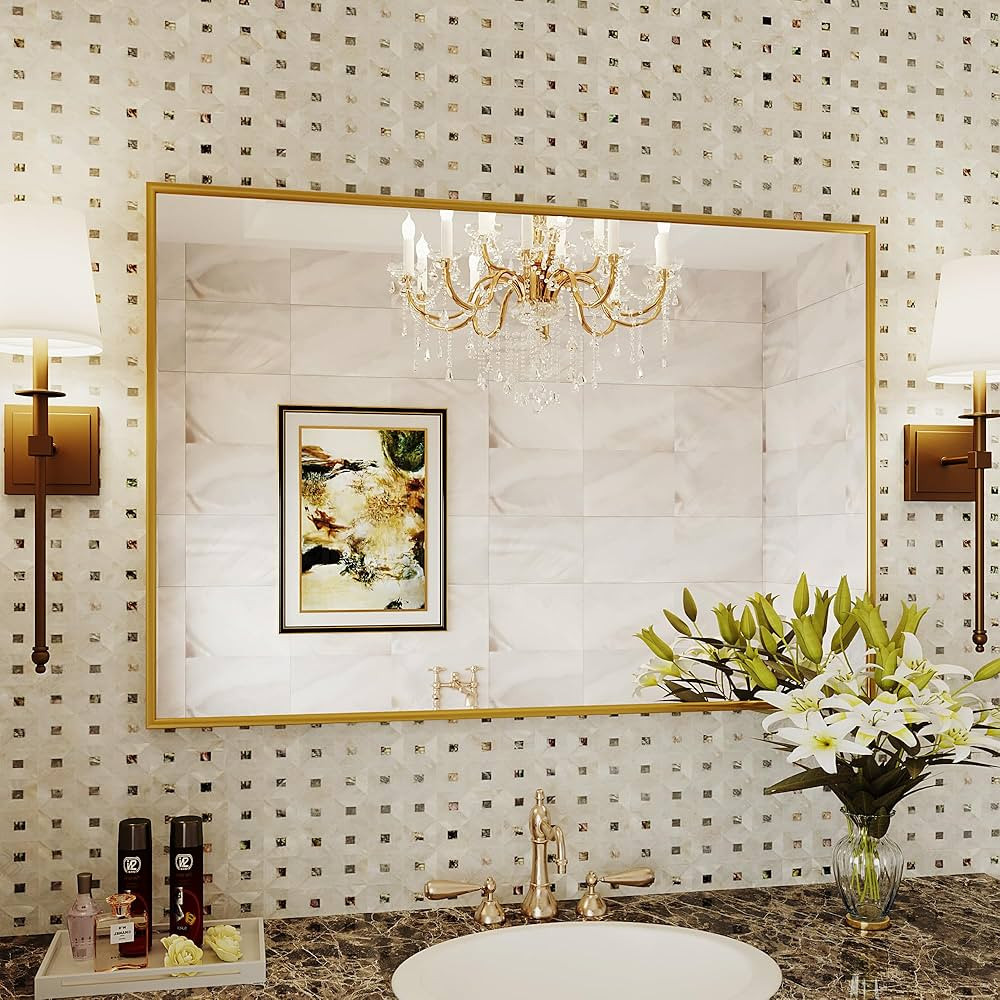 Gold Bathroom Mirror, 26x38 Bathroom Vanity Mirror,Gold Wall Mirror,Square Mirrors for Wall,Gold ... | Amazon (US)