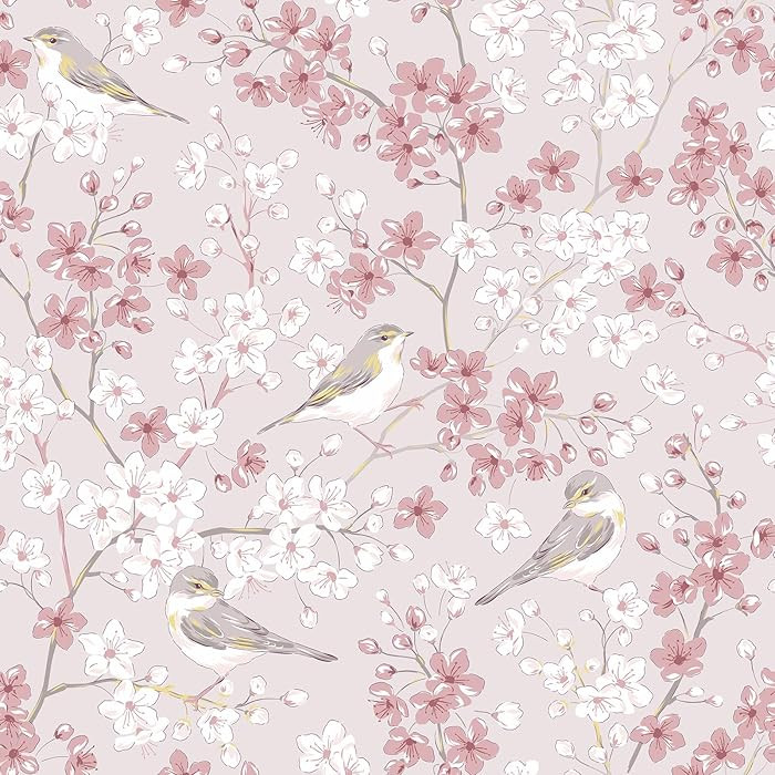 VEELIKE 17.7''x354'' Pink Bird Wallpaper Peel and Stick Sakura Cherry Blossom Floral Wallpaper Vi... | Amazon (US)