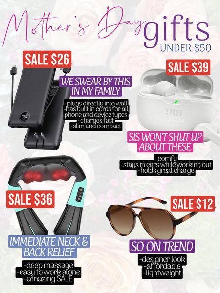 Mother’s Day gifts she will actually want and use UNDER $50

The best charger
Neck and back massager 
High quality ear buds 
Designer like sunglasses 

#LTKGiftGuide #LTKfindsunder50 #LTKsalealert