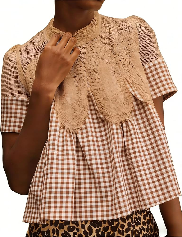 Gozoloma Women's Plaid Lace Short Sleeve Blouse Poplin Mesh Crew Neck Swing Babydoll Tops Casual ... | Amazon (US)