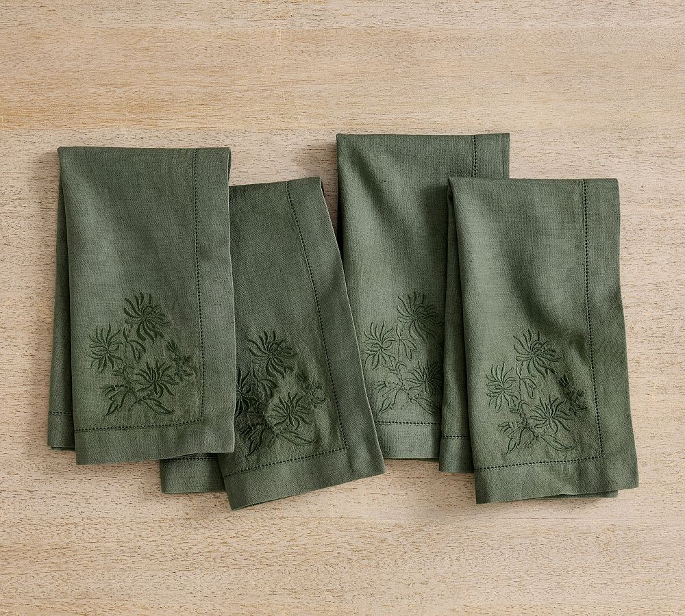 Monochrome Embroidered Floral Cotton/Linen Napkins - Set of 4 | Pottery Barn (US)