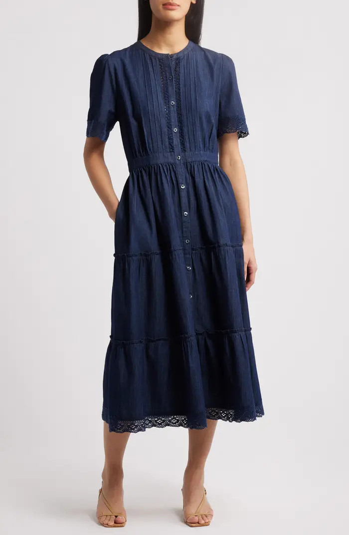 Caslon® Lace Detail Denim Midi Dress | Nordstrom | Nordstrom