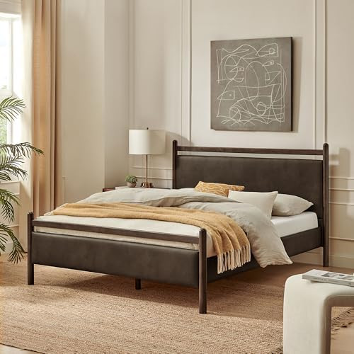 Modway Ginny Full Size Platform Bed Frame in Wenge Mushroom - Solid Wood Bed with Padded Faux Lea... | Amazon (US)