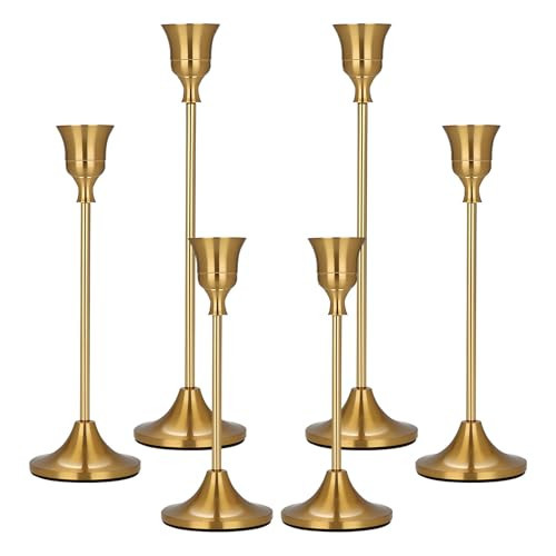 Candle Holder Brass Gold Candlestick Holders Set of 6, Metal Taper Candle Holders for Table Centerpiece Fits 3/4 inch Candles, Tall Candle Stands for Halloween Thanksgiving Christmas | Amazon (US)