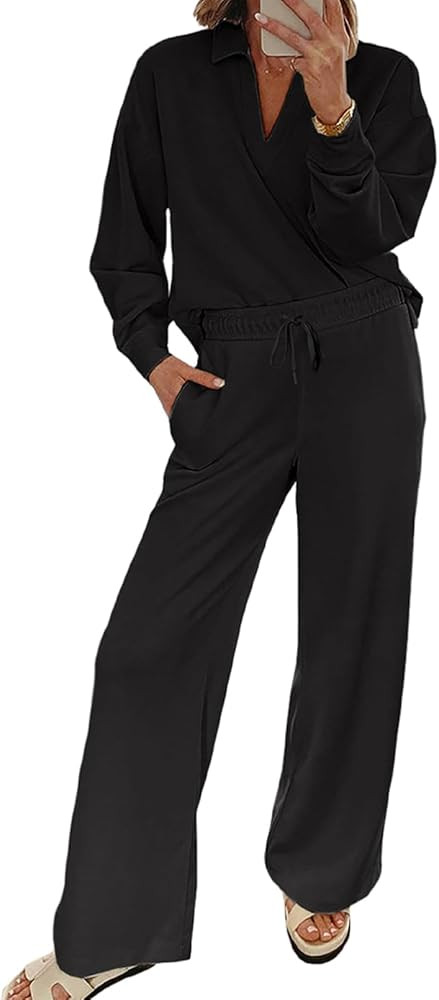 EVALESS Two Piece Sets for Women Lounge Sets V Neck Sweatshirt Wide Leg Sweatpants Women Outfits | Amazon (US)
