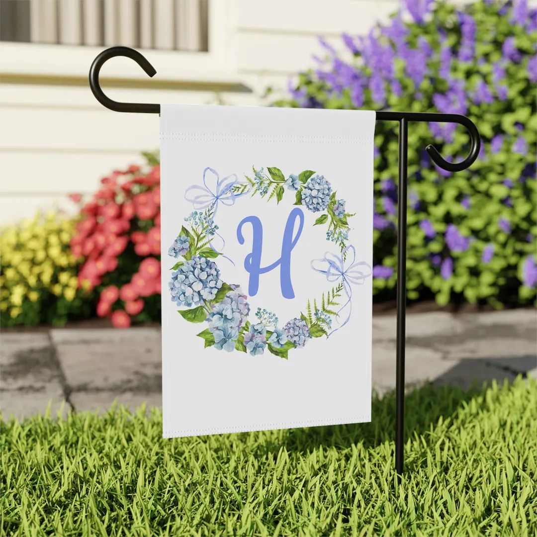 Hydrangea Spring Flower Wreath Personalized Initial Garden Flag - Etsy | Etsy (US)