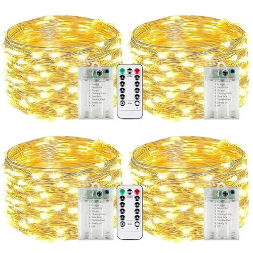 4-Pack Fairy Lights Battery Operated with Remote & Timer & 8 Modes, Waterproof 16 FT 50 LED String Lights Outdoor Indoor, Battery Twinkle Lights for Christmas Bedroom Centerpiece Décor (Warm White) | Amazon (US)