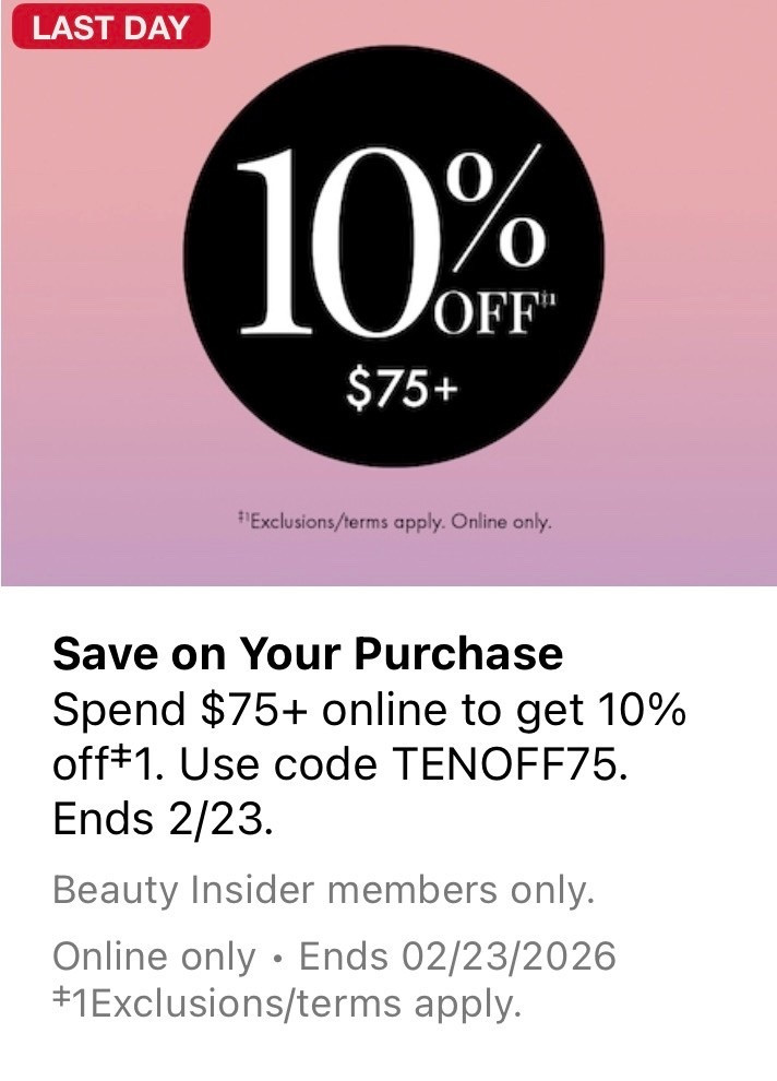 10% off your purchase $75 or more
Ends tonight ‼️
Perfect time to stock up
Sephora salbeauty deal
Skincare deal
Sephora savings
Beauty deals at Sephora
Makeup savings
Makeup routine
GRWM


#LTKgrwm #LTKBeauty #LTKSaleAlert