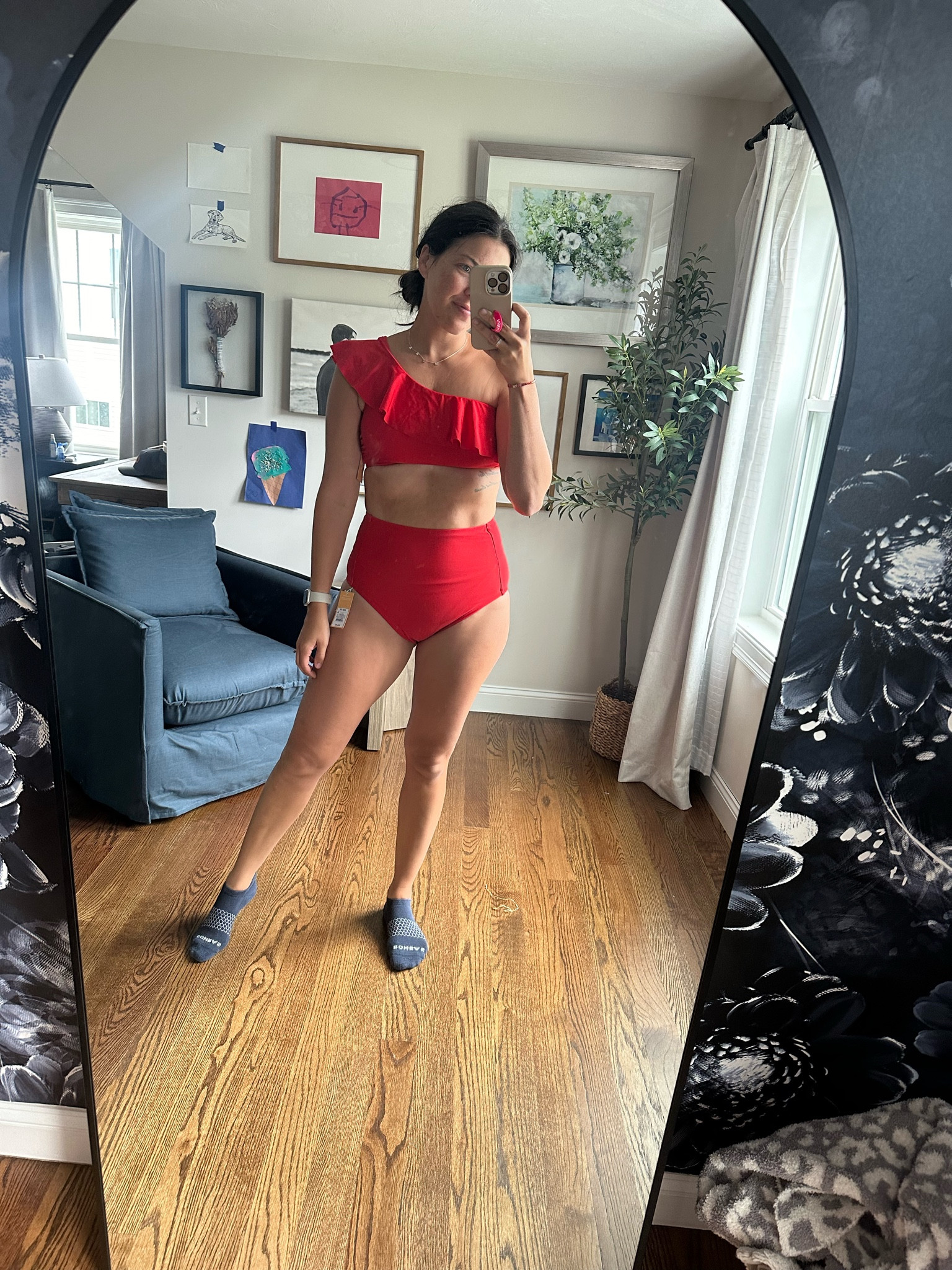 LOVE this tummy control suit!!! Top runs a little tight. Wearing a medium in both. Not too cheeky! 