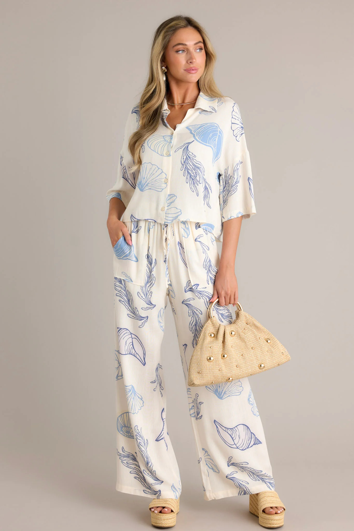 Sandy Shores Blue Tropical Print Drawstring Pants | Red Dress