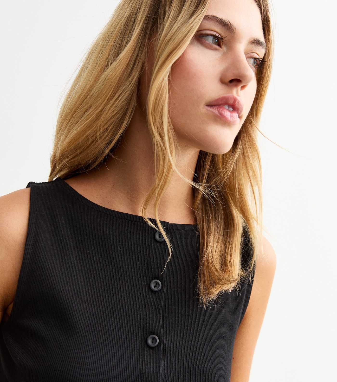 Black Ribbed Button Front Tank Top | New Look | New Look (UK)