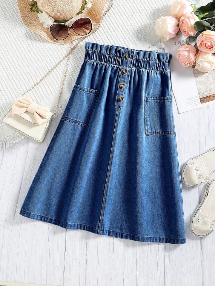 SHEIN Tween Girl Paperbag Waist Pocket Patched Denim Skirt | SHEIN