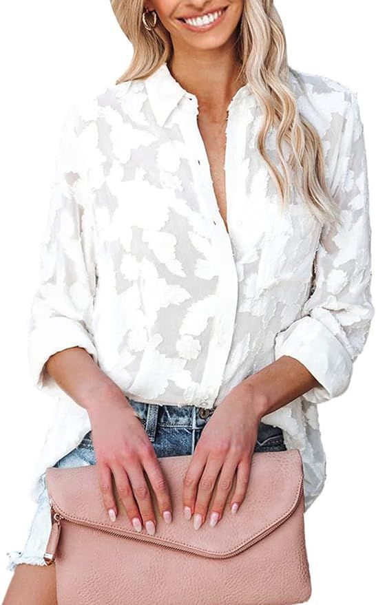 PRETTYGARDEN Women's Chiffon Blouse Solid Color Long Sleeve Button Down Elegant Jacquard Shirts T... | Amazon (US)