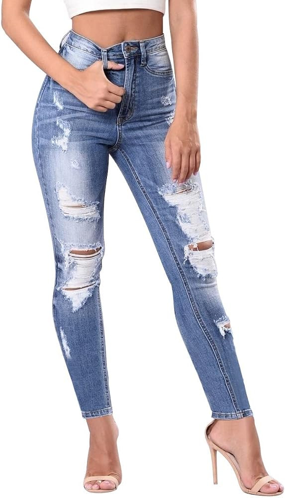 AMRSPENG Women's High Waisted Jeans for Women Ripped Stretch Skinny Butt Lifting Jeans Distressed... | Amazon (US)