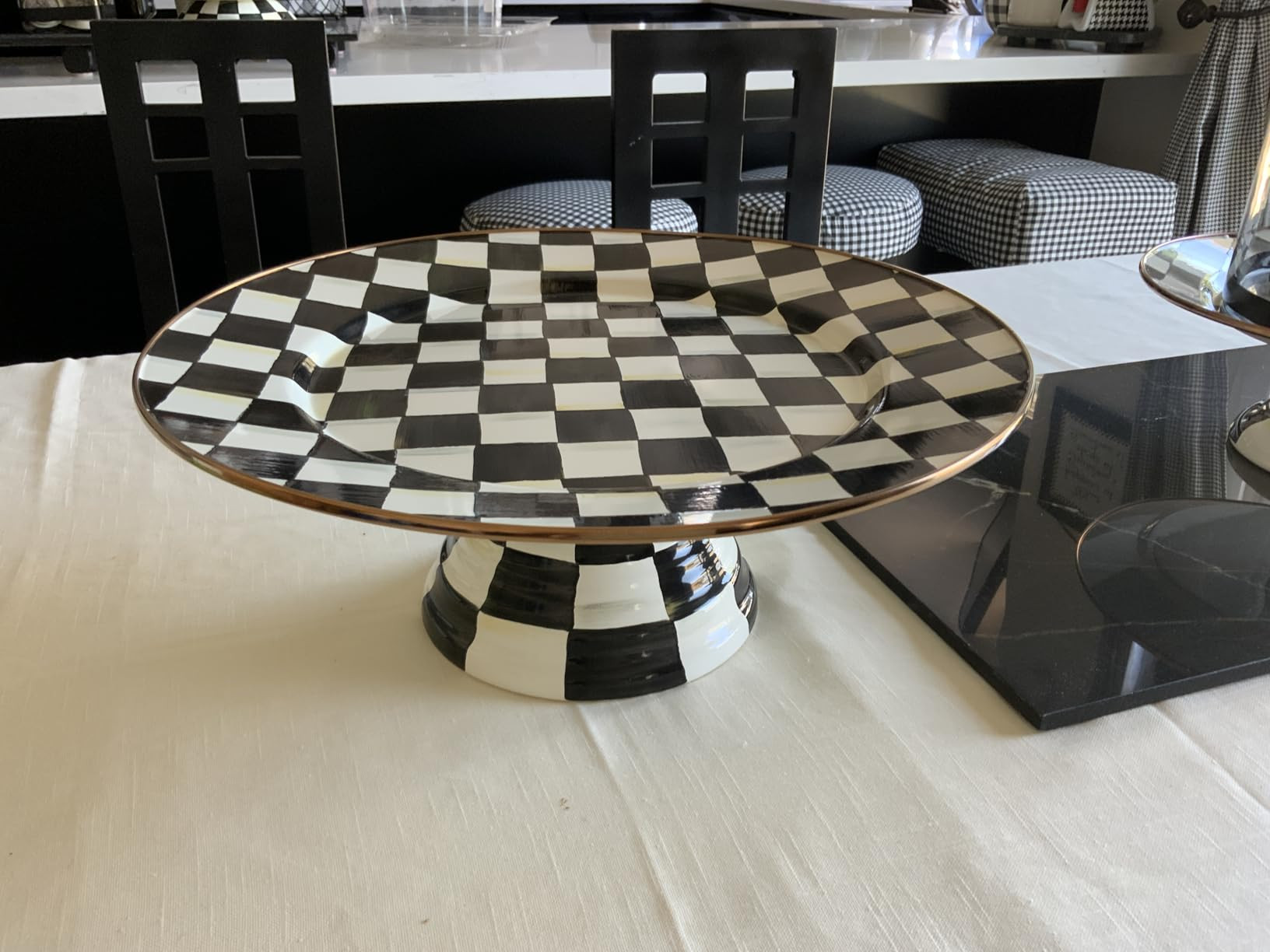 MACKENZIE-CHILDS Enamel Pedestal Platter, Round Cake Stand, Large, Black-and-White Courtly Check | Amazon (US)