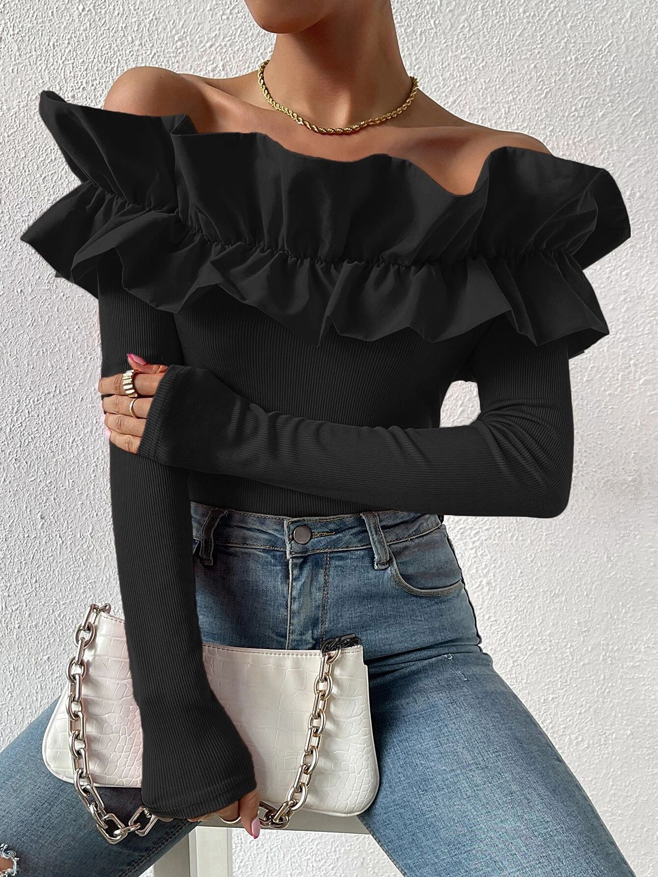 SHEIN Privé Exaggerated Ruffle Off Shoulder Tee | SHEIN