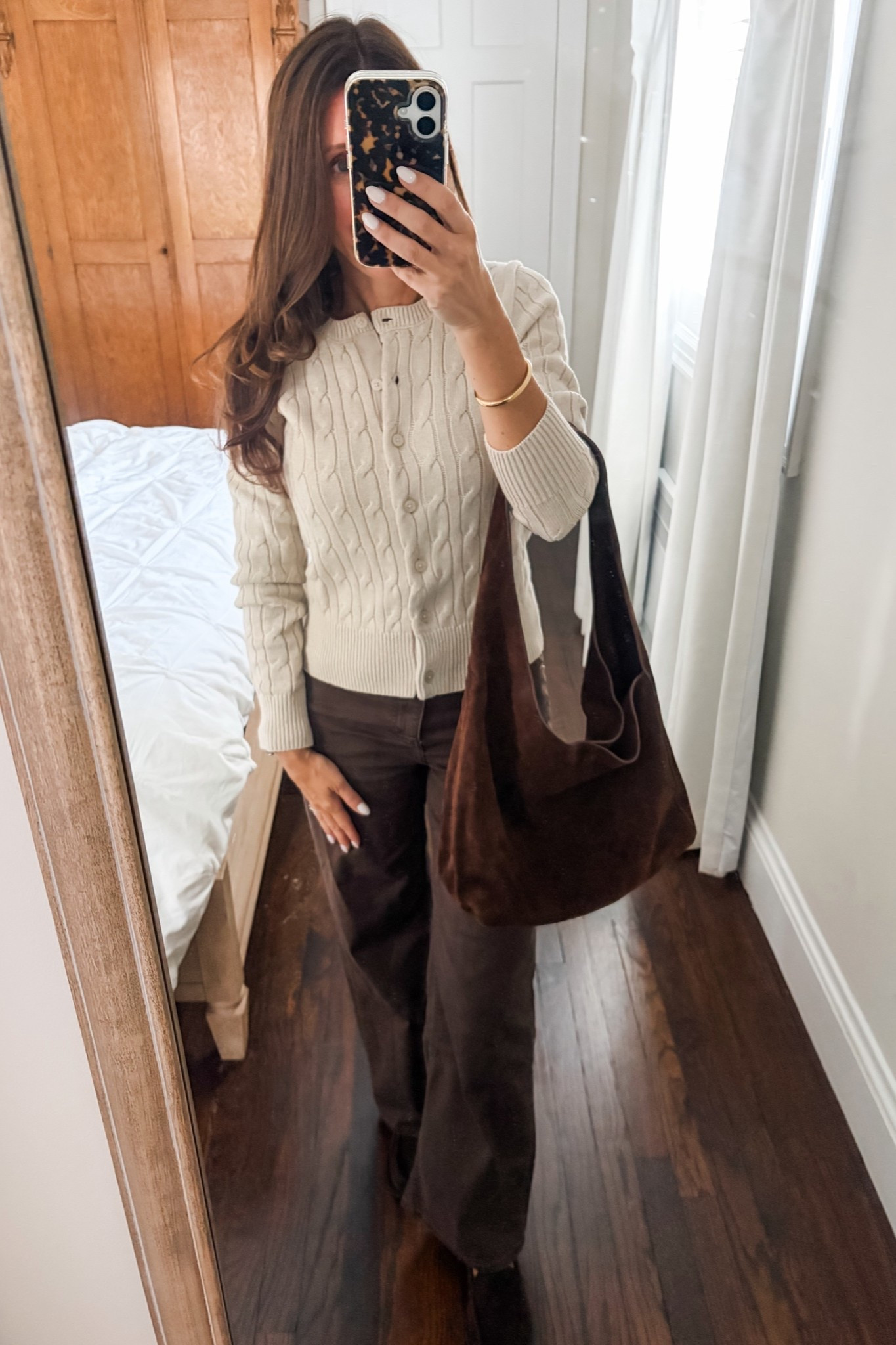 @Quince fall outfit!  This is a perfect teacher outfit for the fall.  I am wearing an xs in the sweater and a 25 short in the brown wide leg jeans.  The brown suede shoes and bag are such amazing quality!

#LTKWorkwear #LTKPetite #LTKOver40