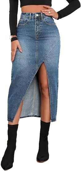 AiMgFUN Jean Skirt for Women Denim Skirt with Pockets Mid-High Waist Slit Bodycon Midi Skirts | Amazon (US)