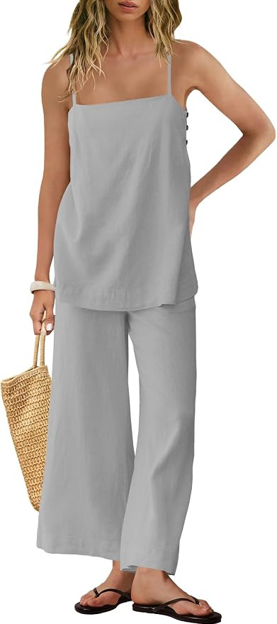 Panadila 2 Piece Linen Set Summer Travel Beach Vacation Outfit Sexy Spaghetti Strap Tank Top and ... | Amazon (US)