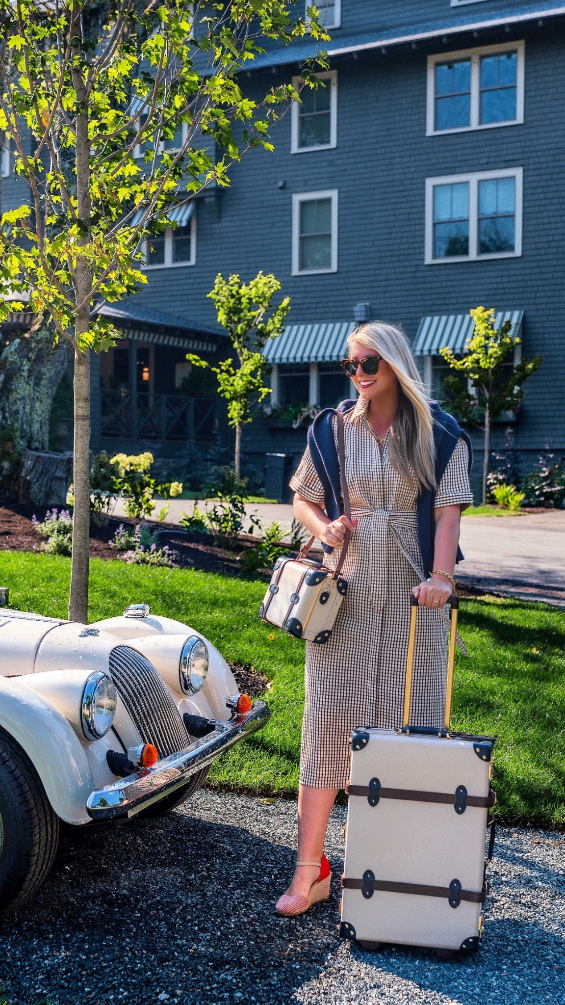 What I wore in Maine…when your luggage and outfit match the ride and the hotel. This brown check shirt dress is great for travel and does not wrinkle. Also, my vintage inspired luggage was perfect for this road trip. 

#LTKTravel #LTKItBag #LTKOver40