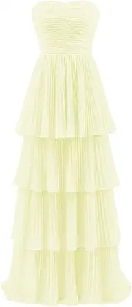 Tiered Chiffon Bridesmaid Dresses for Women Strapless Wedding Guest Dress Long Prom Formal Evenin... | Amazon (US)