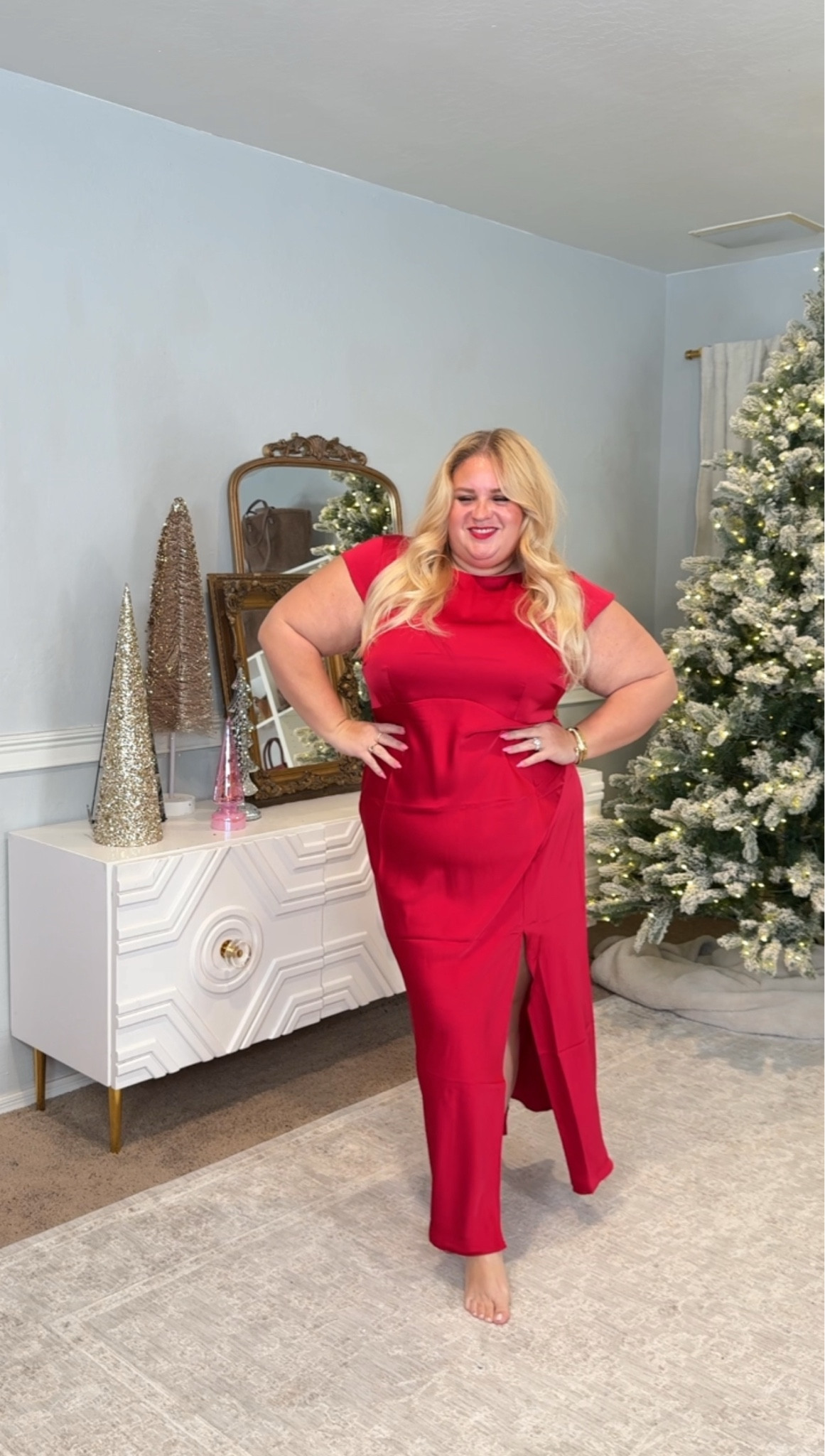 This dress is bold, clean, and shockingly flattering. The silhouette smooths without feeling tight, and the slit gives it just enough edge without fighting the apron-belly area. I’m in the 1X and it fits exactly right. If you want a holiday dress that looks high-end and actually feels comfortable, this one is it.

#LTKHoliday #LTKFindsUnder50 #LTKPlusSize